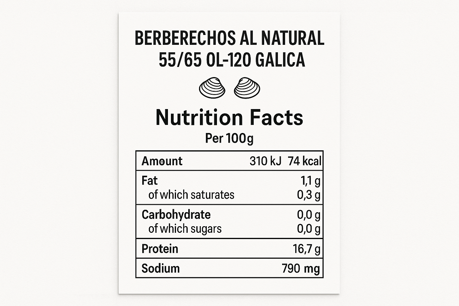 informacion nutricional BERBERECHOS AL NATURAL 55/65 OL-120"GALICA"